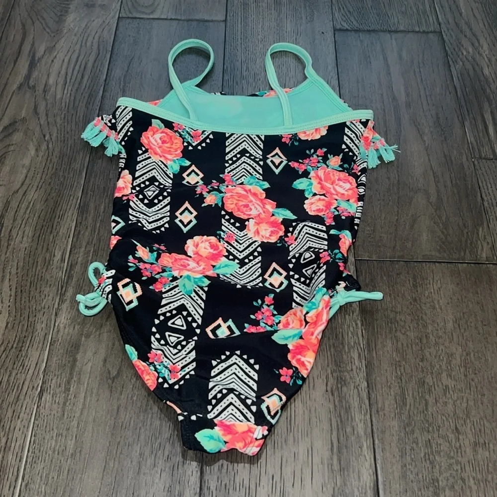 Toddler girl fluorescent like color fringe top swimsuit